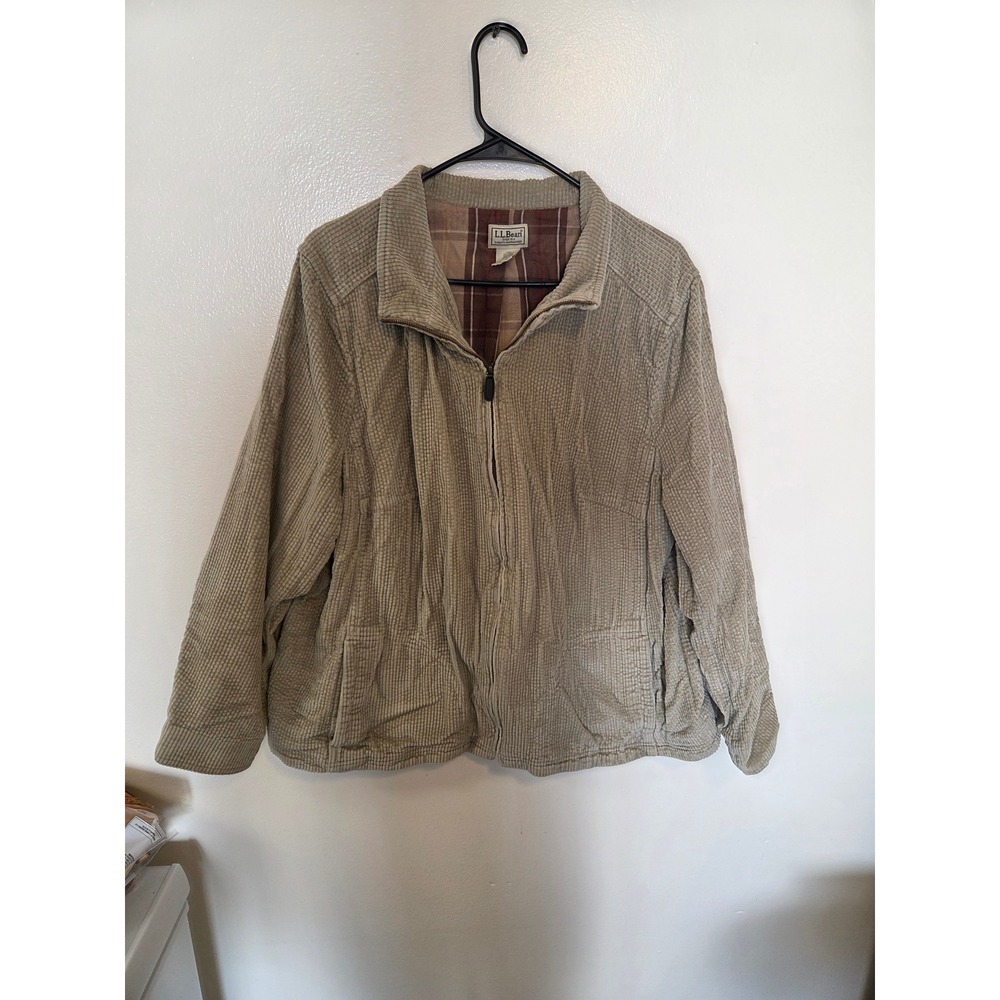 LL Bean Corduroy Jacket Womens 2X Tan Plaid Lined Full Zip Waffle Texture 279342
